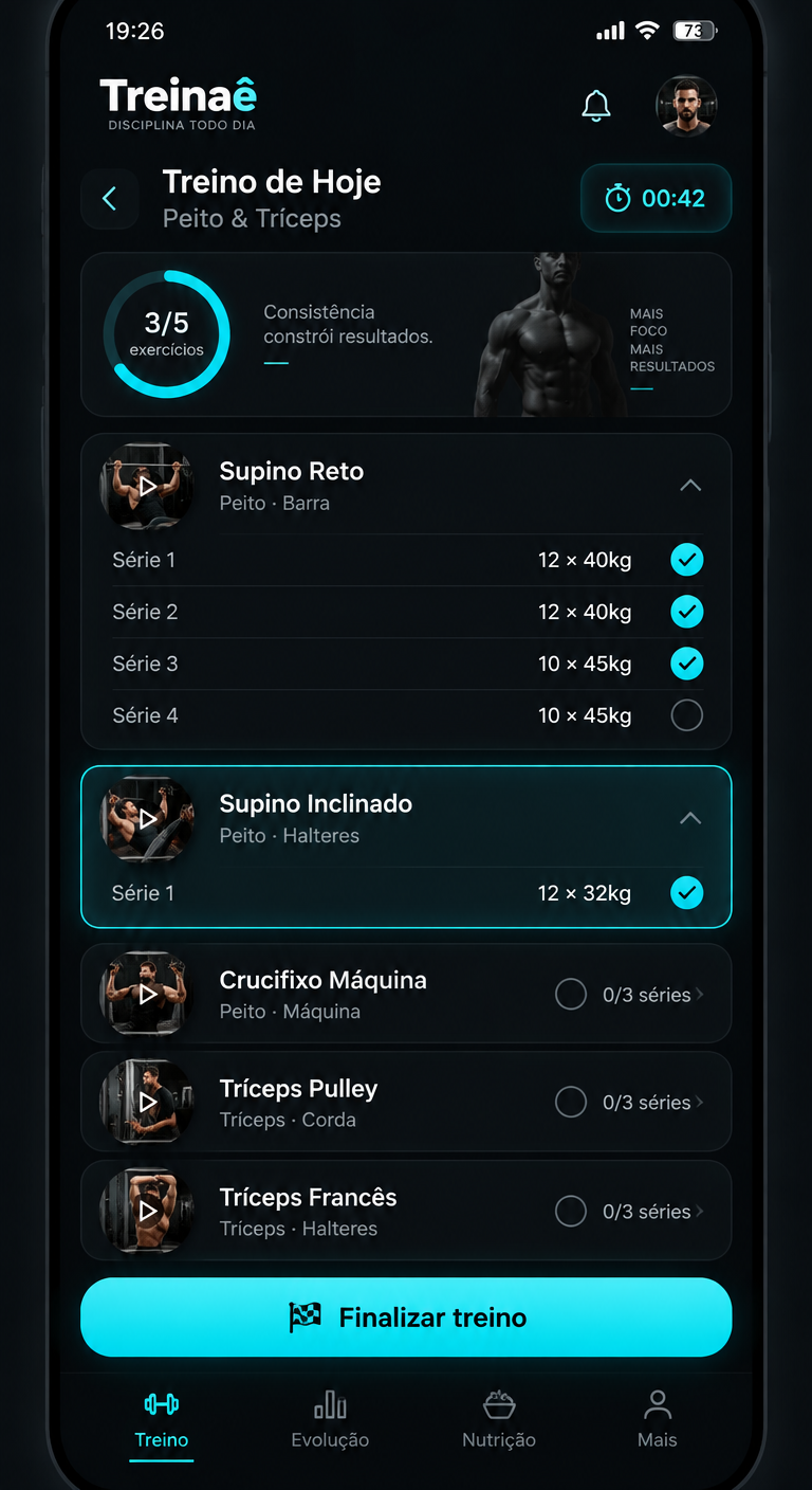 Tela de treino do Treinaê com registro de séries, repetições e cargas